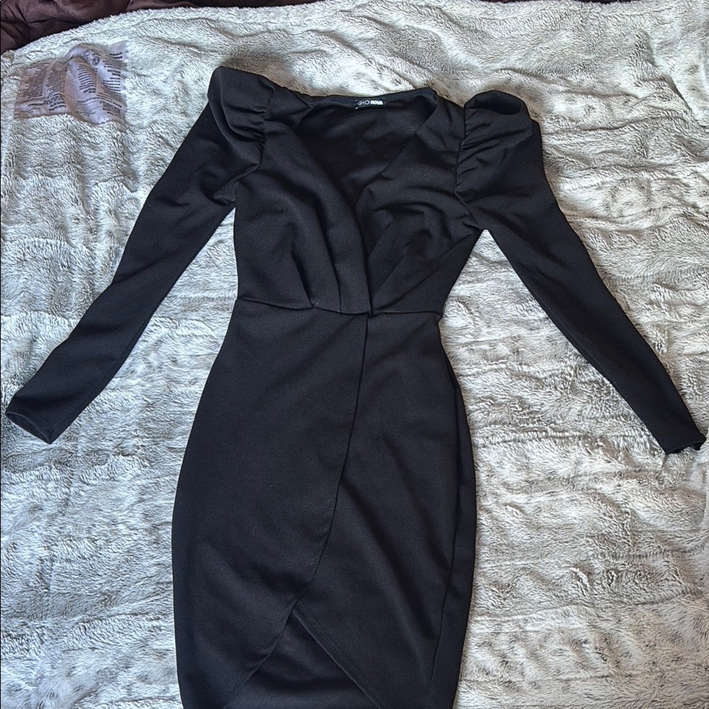 Fashion Nova Black Bodycon Dress with Puff Sleeves